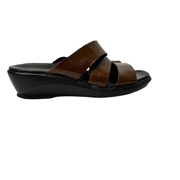 Clark’s Brown Patent Leather Criss Cross Slide Wedges - Picture 1 of 12